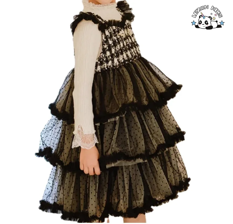 LEZONKIDS - High End Kids Clothing Mesh Layered Girls Party Dress Elegant Tweed Princess Dresses for Girls